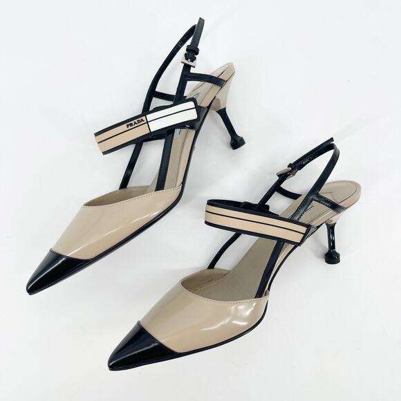 Prada Beige Black Leather Slingback Pointed Toe Mary Jane Cap Toe Heels IT 37 - Picture 6 of 15